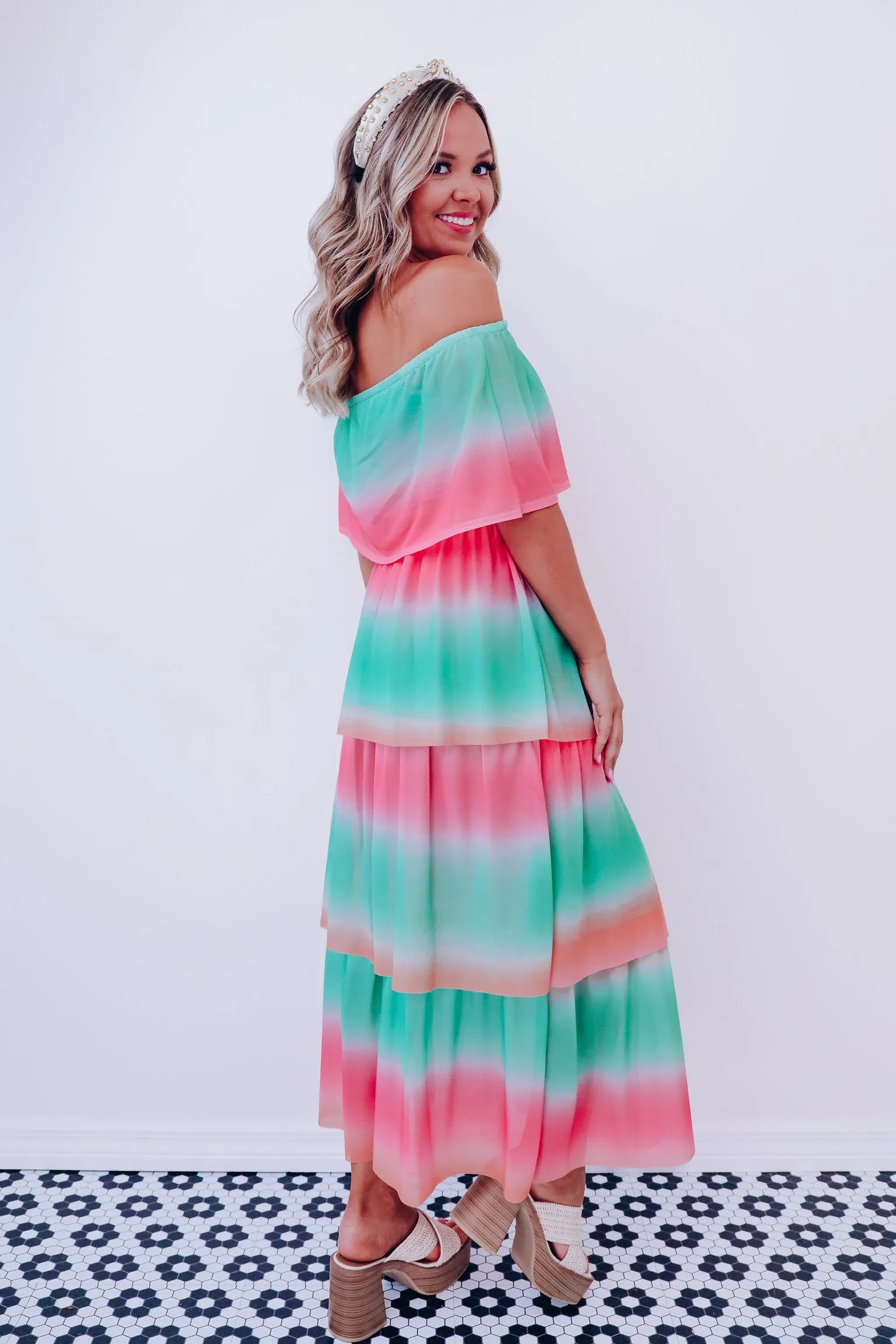 Vibrant Off Shoulder Mesh Maxi Dress - Green-Peach