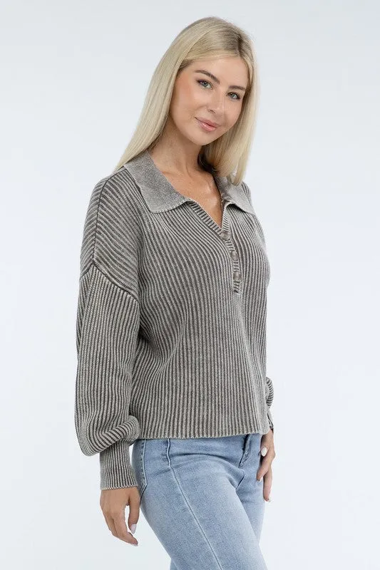 Washed Collared Henley Sweater