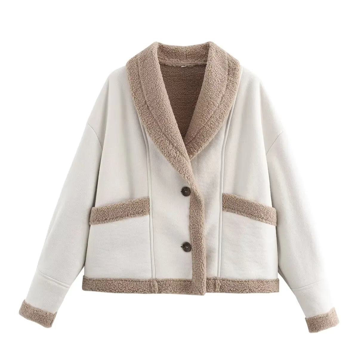 Women Clothing Autumn Winter Woolen Coat Collared Loose Faux Shearling Jacket