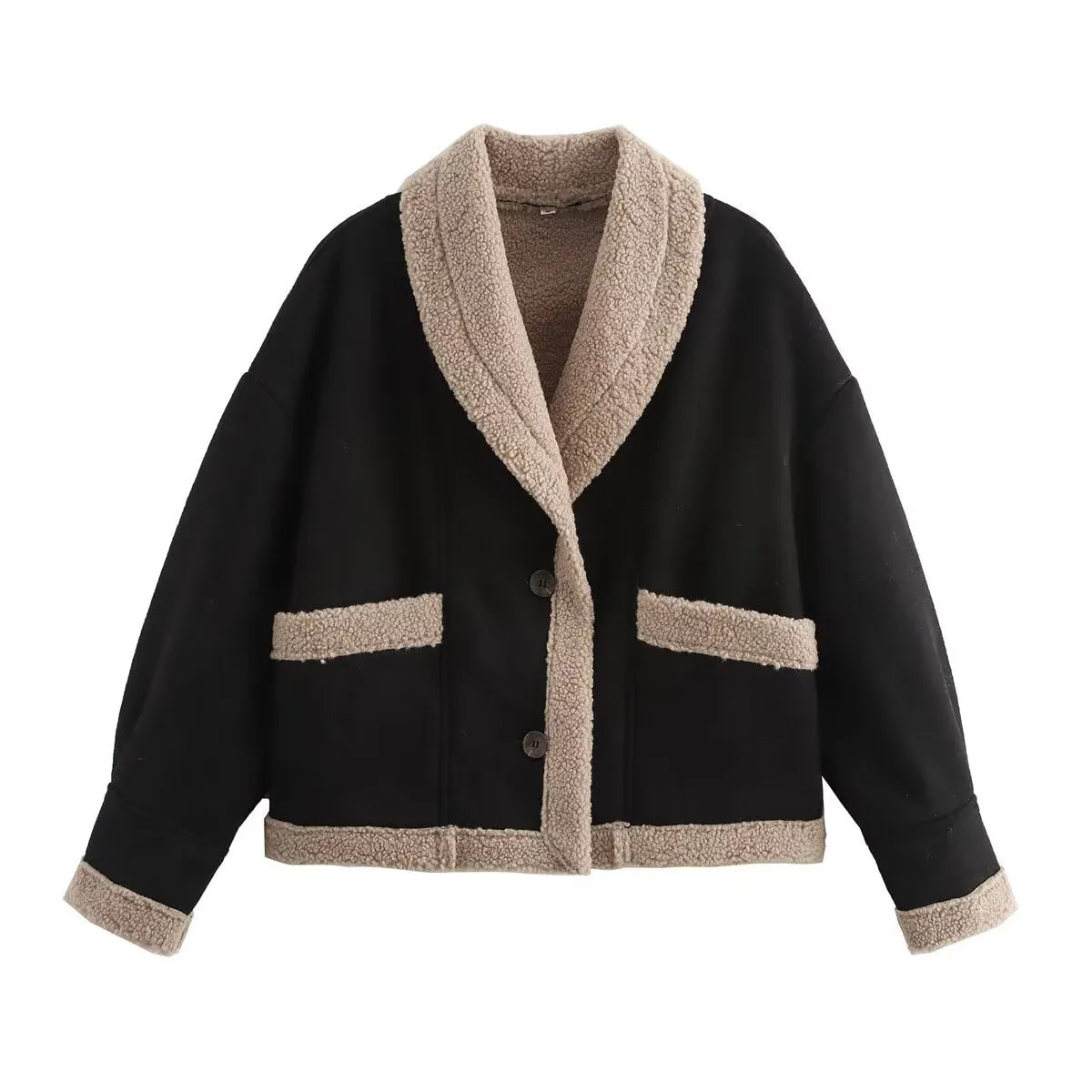 Women Clothing Autumn Winter Woolen Coat Collared Loose Faux Shearling Jacket