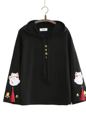 Women Cotton Hooded Sweatshirts With Cartoon Embroidery Casual Hoodies Flare Sleeve Balck Harakuju Pullover Kawaii Chothes