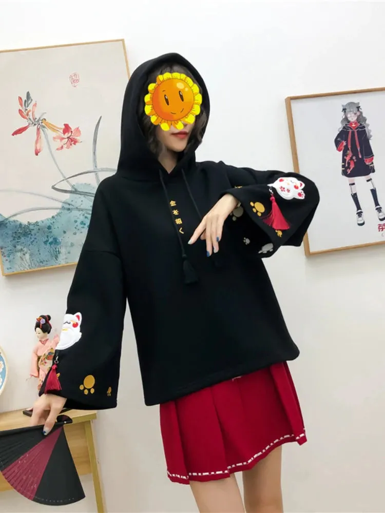 Women Cotton Hooded Sweatshirts With Cartoon Embroidery Casual Hoodies Flare Sleeve Balck Harakuju Pullover Kawaii Chothes