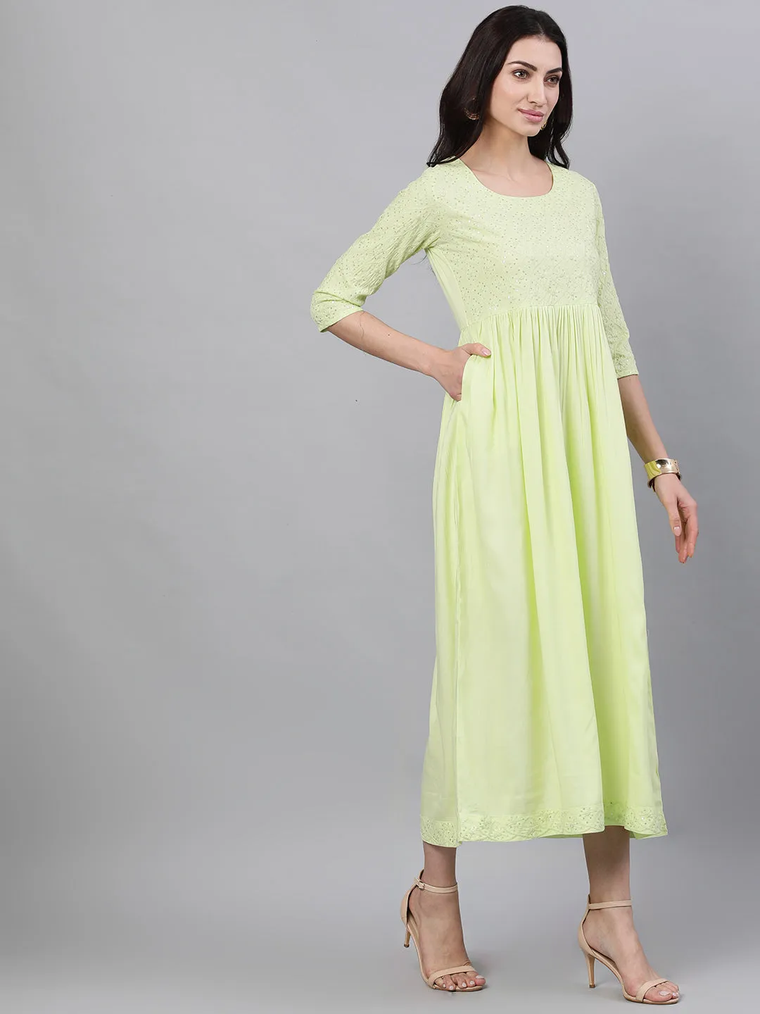 Women Light Neon Green Solid Embroidered Round Neck Viscose Rayon Maxi Dress With Dupatta