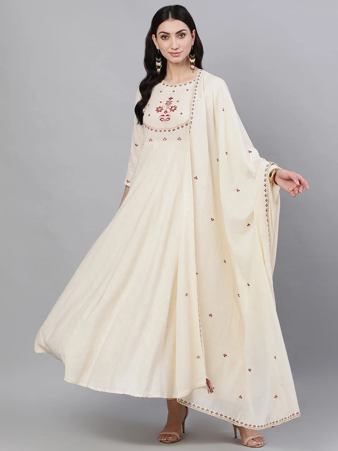 Women Off White Solid Solid Round Neck Viscose Rayon Maxi Dress With Dupatta