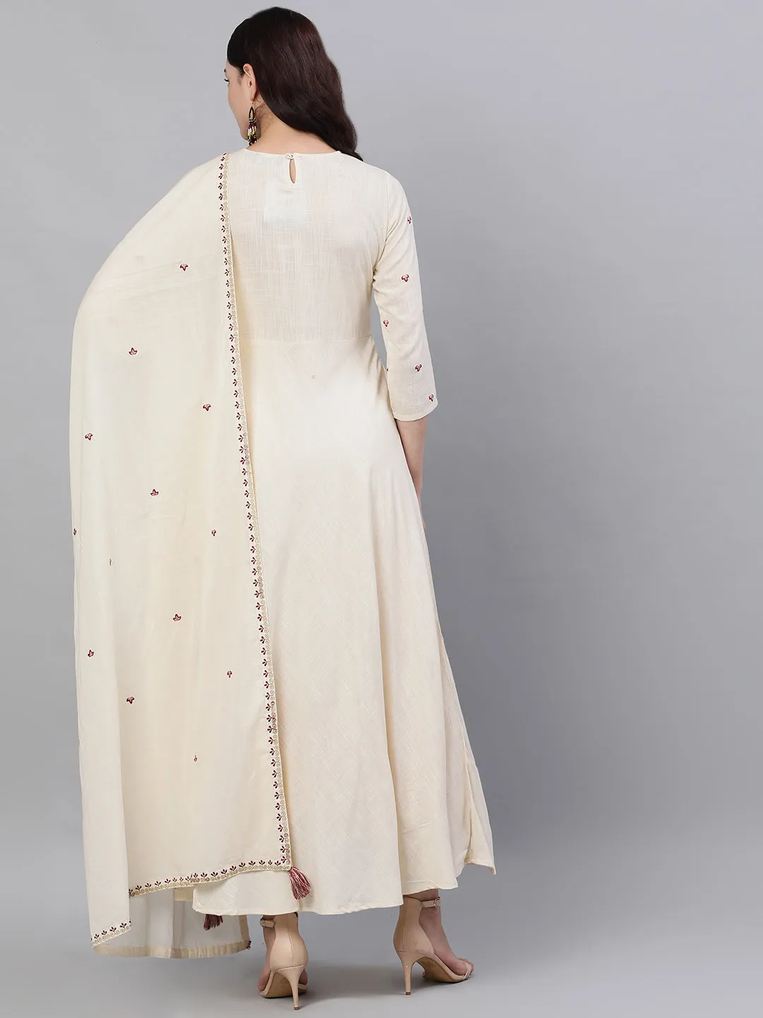 Women Off White Solid Solid Round Neck Viscose Rayon Maxi Dress With Dupatta