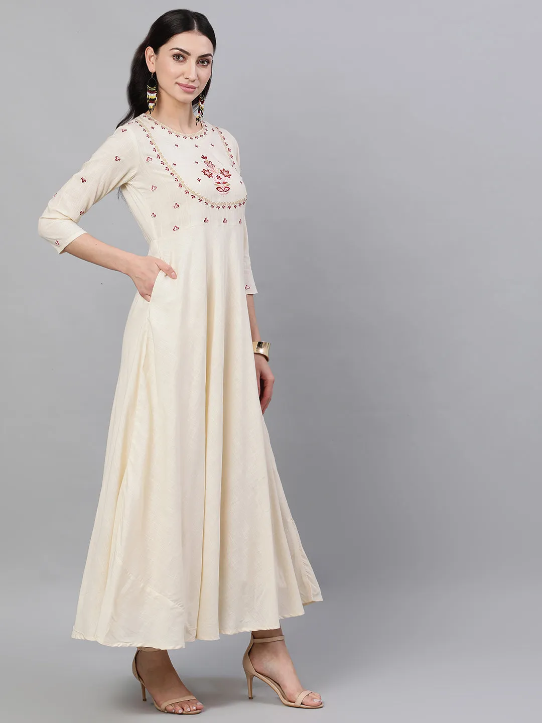 Women Off White Solid Solid Round Neck Viscose Rayon Maxi Dress With Dupatta