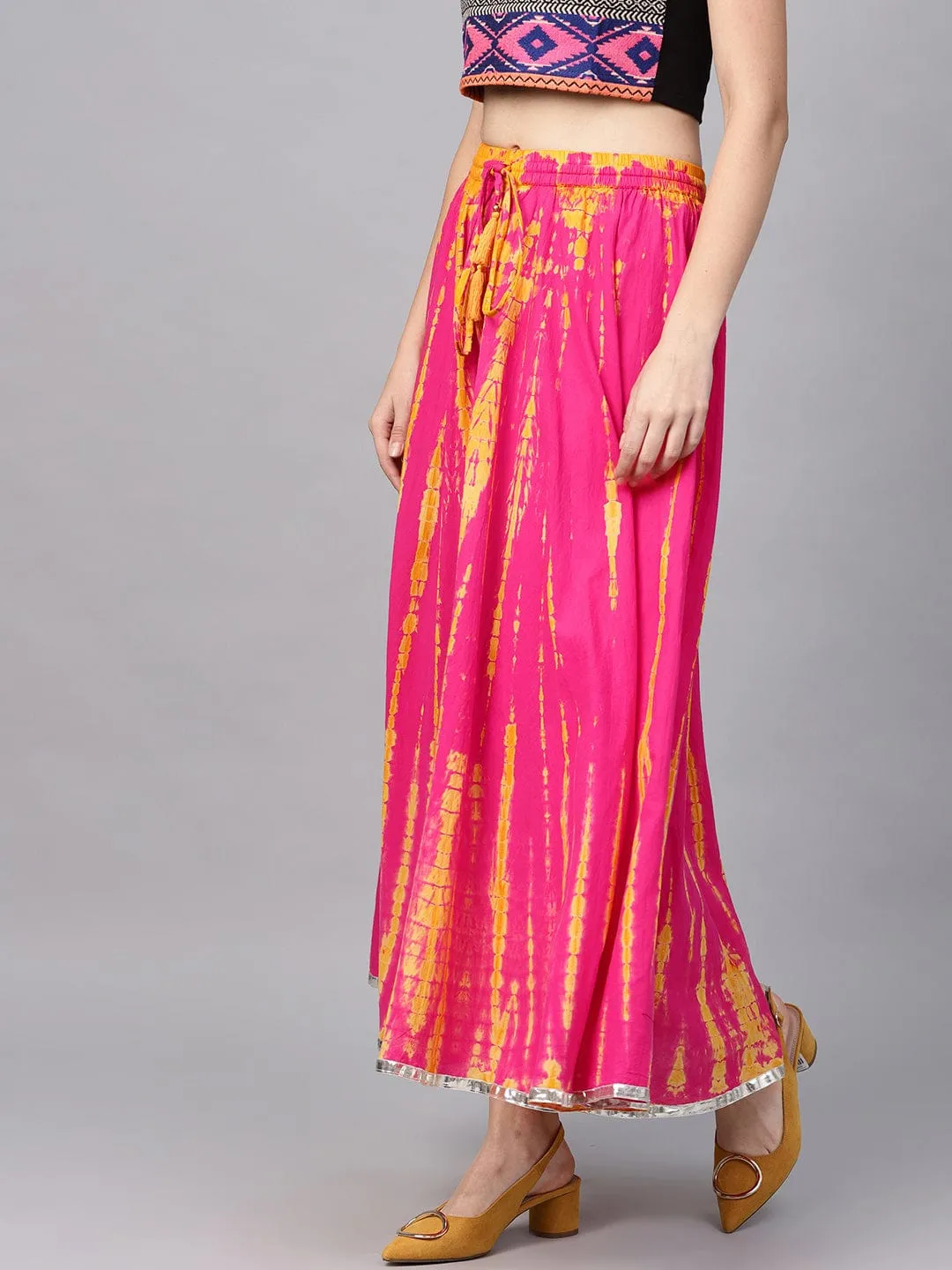 Women Pink and Yellow Dyed Maxi Flared Skirt