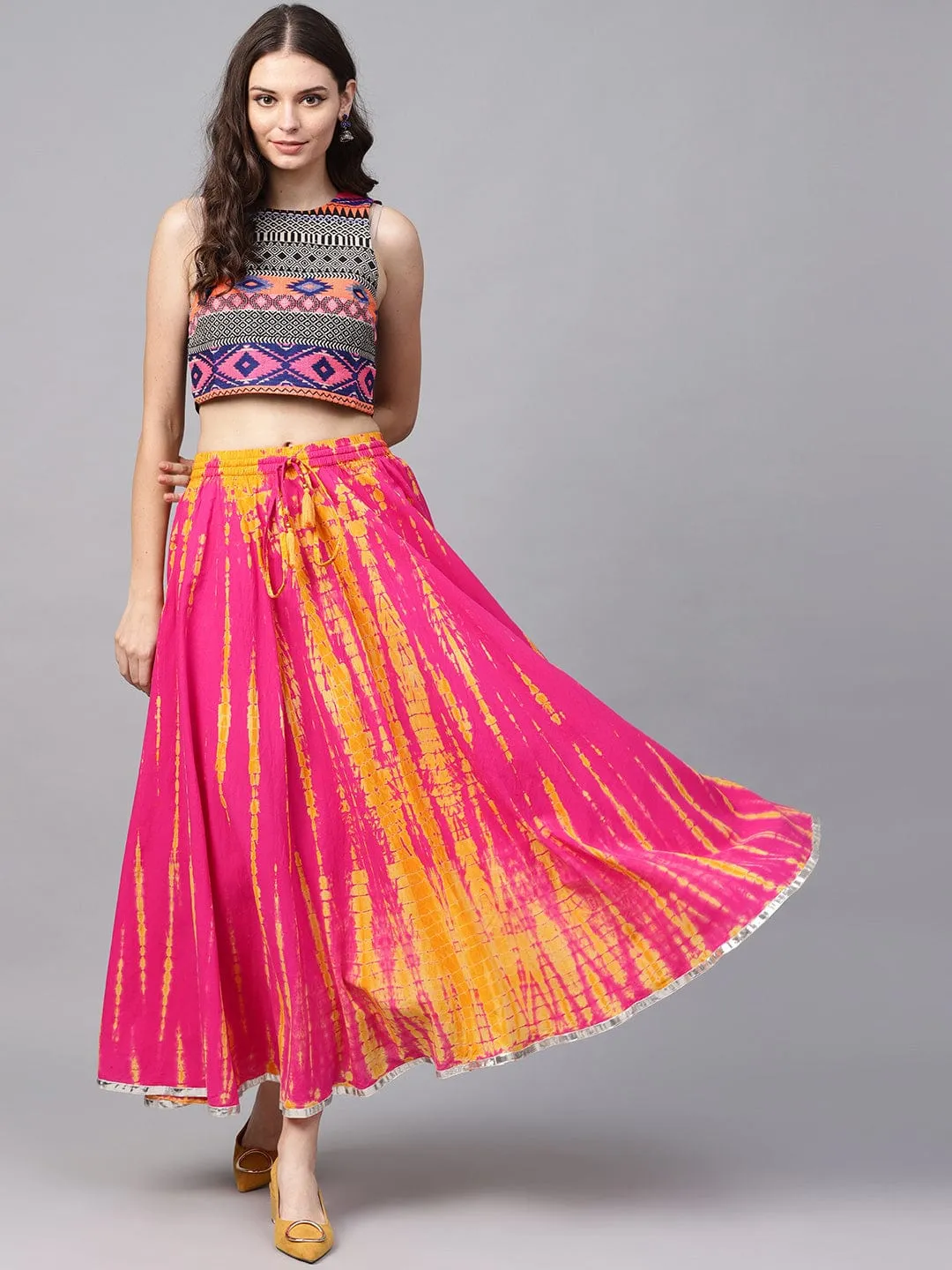 Women Pink and Yellow Dyed Maxi Flared Skirt