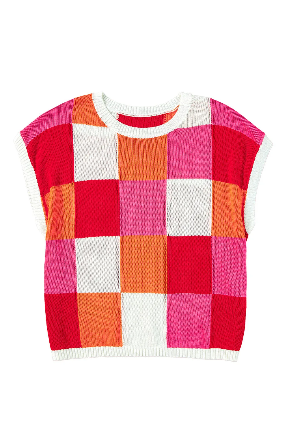 Women's Checked Color Block Cap Sleeve Sweater Top