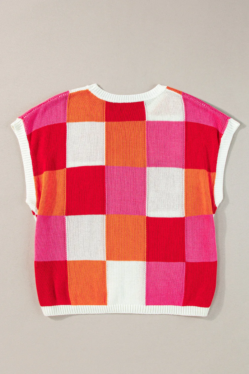 Women's Checked Color Block Cap Sleeve Sweater Top