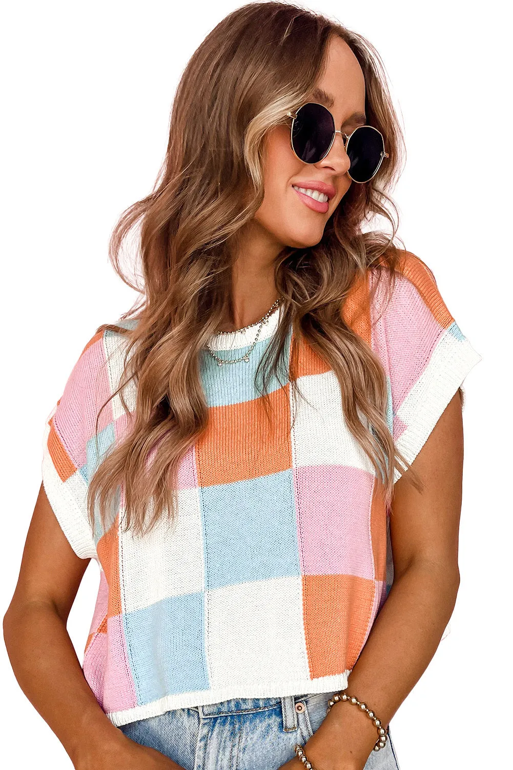 Women's Checked Color Block Cap Sleeve Sweater Top