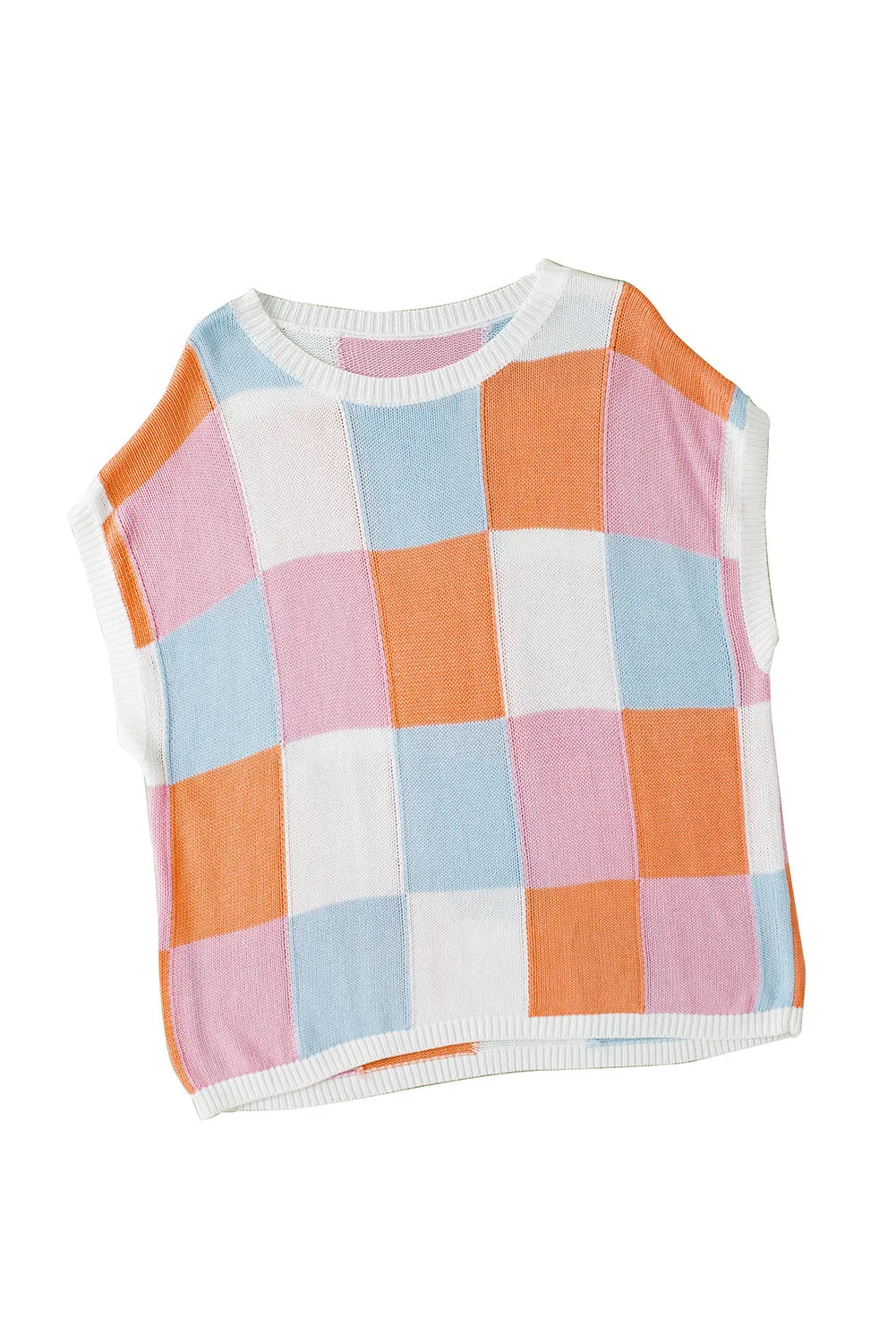 Women's Checked Color Block Cap Sleeve Sweater Top