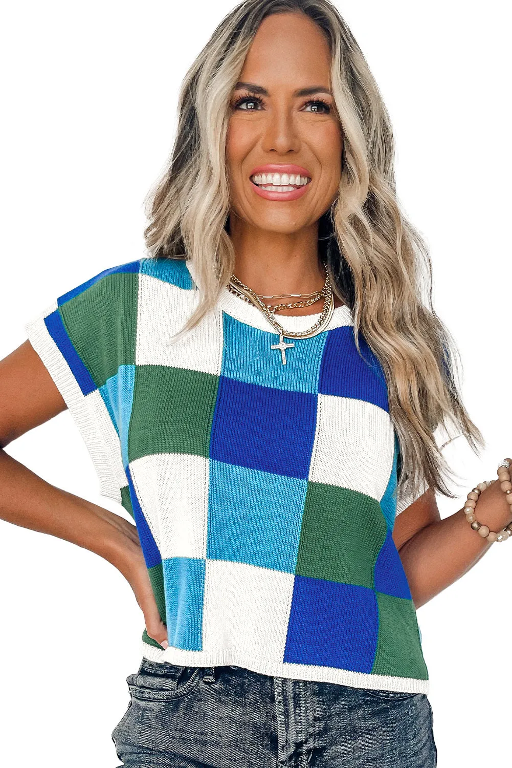 Women's Checked Color Block Cap Sleeve Sweater Top