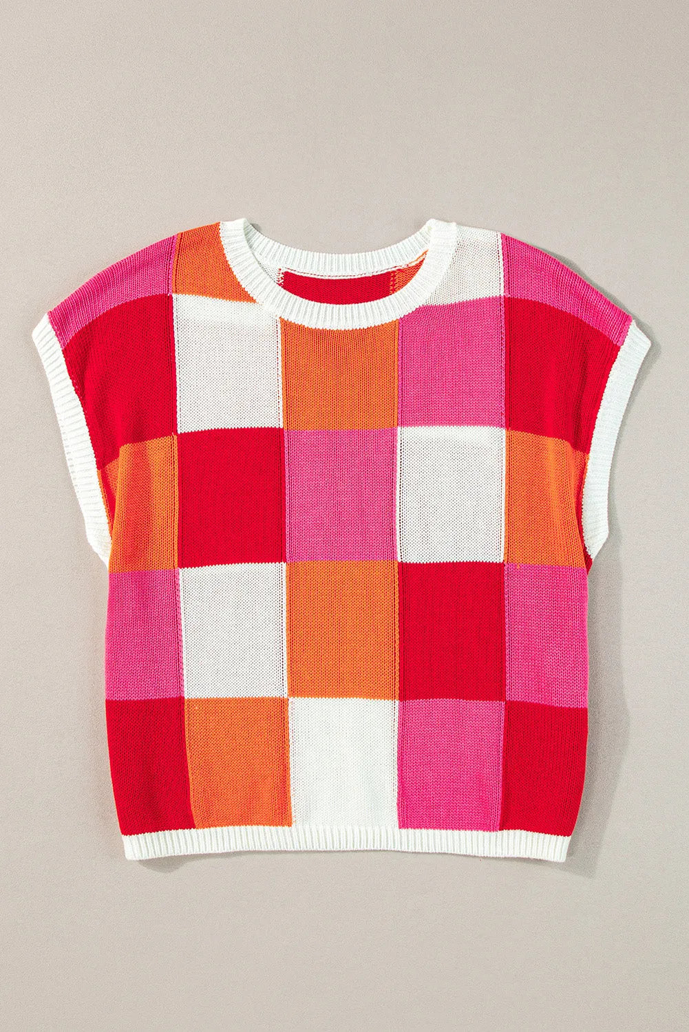 Women's Checked Color Block Cap Sleeve Sweater Top