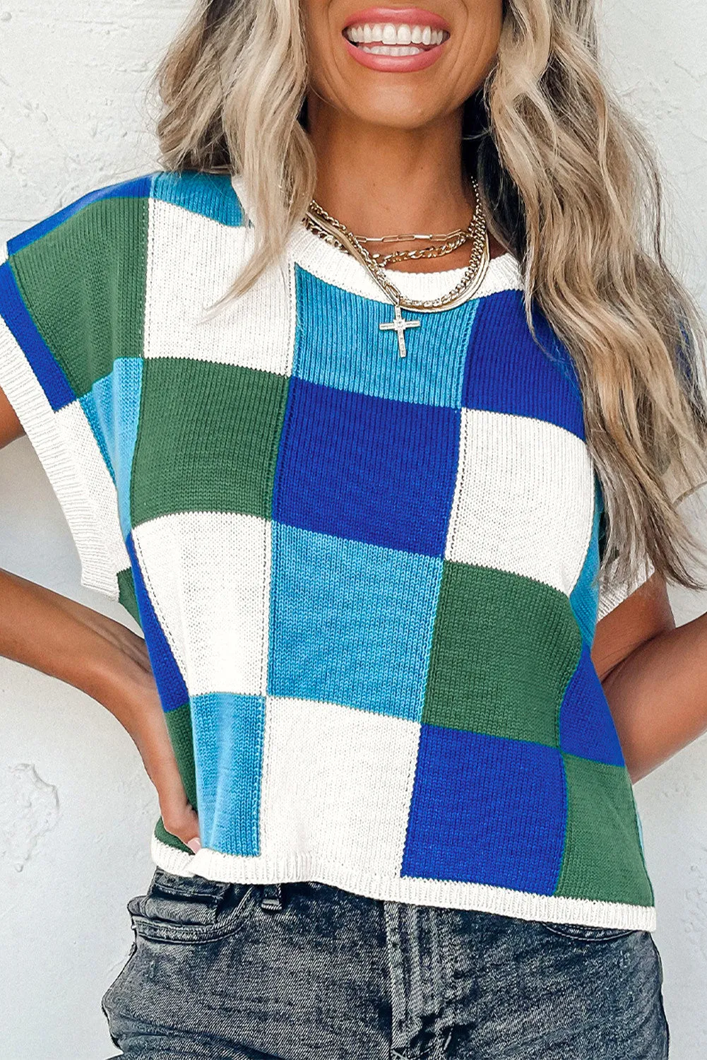 Women's Checked Color Block Cap Sleeve Sweater Top