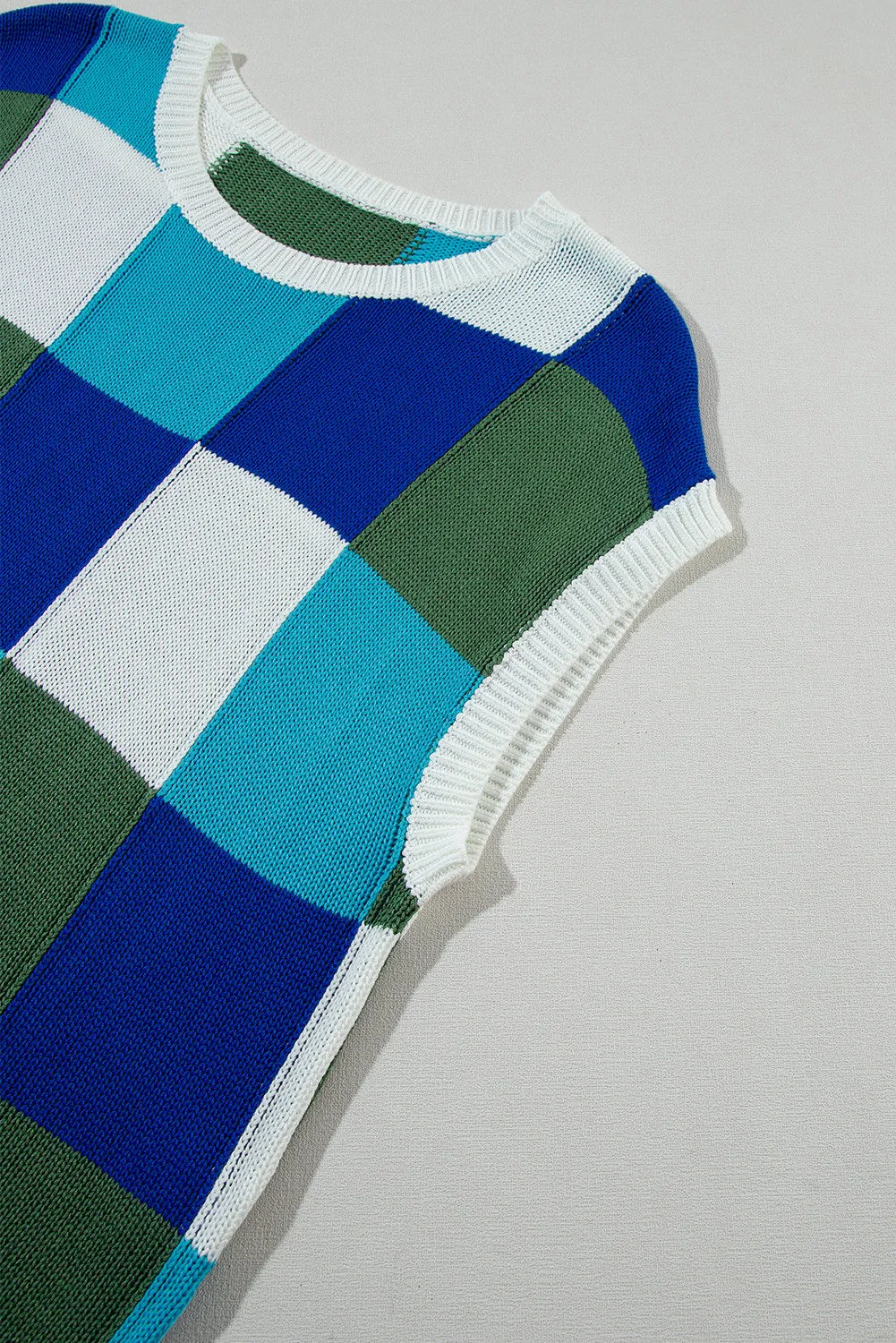 Women's Checked Color Block Cap Sleeve Sweater Top