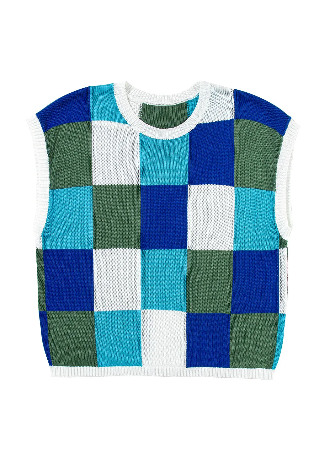 Women's Checked Color Block Cap Sleeve Sweater Top