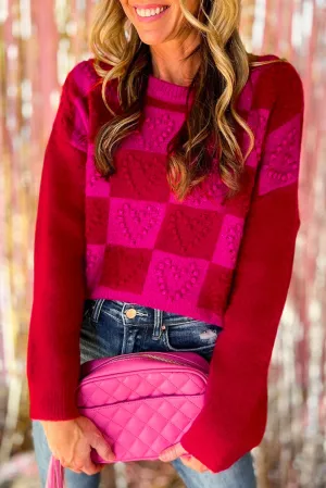 Women's Checkered Pattern Heart Detail Textured Sweater