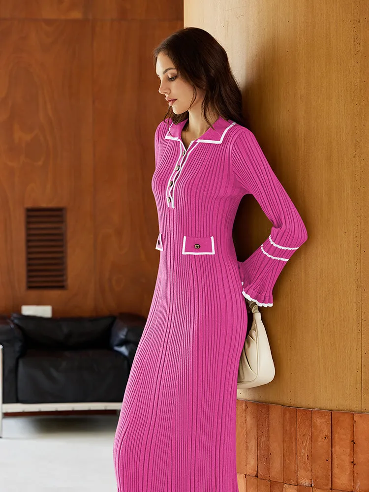 Women's Half Button Collar Sweater Dress Long Sleeve Ruffle Ribbed Knit Maxi Pencil Dress