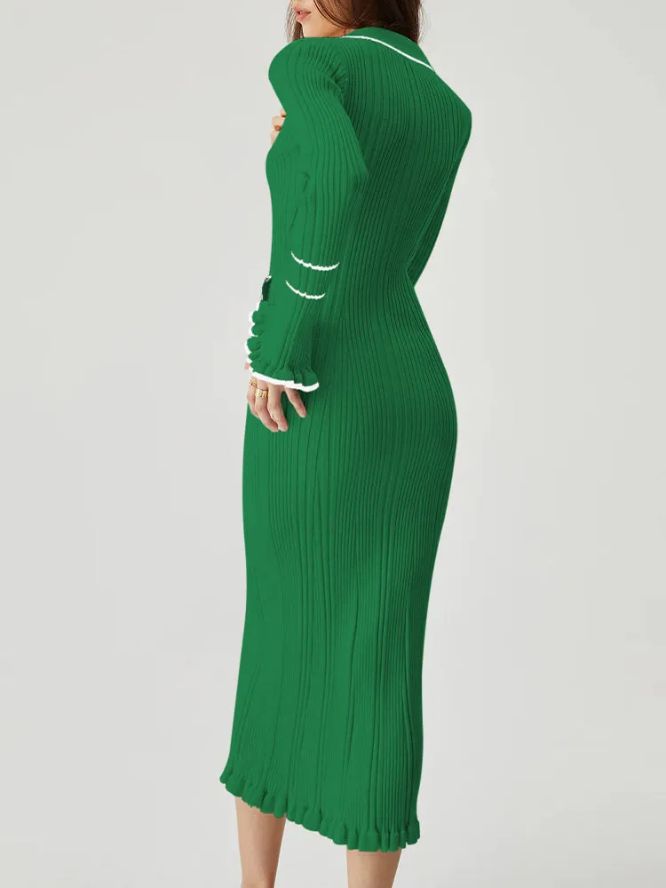 Women's Half Button Collar Sweater Dress Long Sleeve Ruffle Ribbed Knit Maxi Pencil Dress