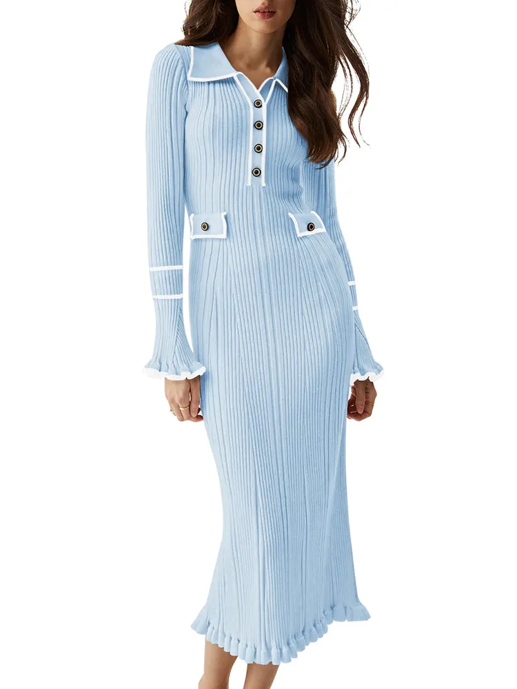 Women's Half Button Collar Sweater Dress Long Sleeve Ruffle Ribbed Knit Maxi Pencil Dress