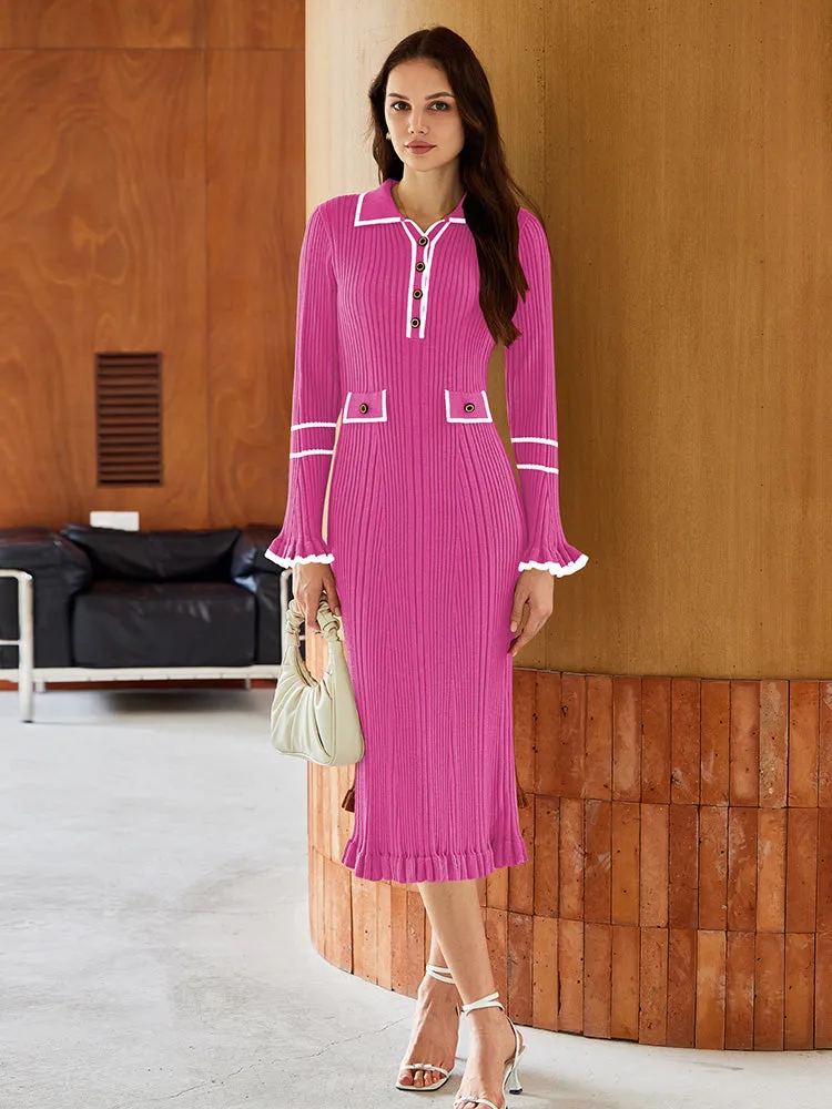 Women's Half Button Collar Sweater Dress Long Sleeve Ruffle Ribbed Knit Maxi Pencil Dress