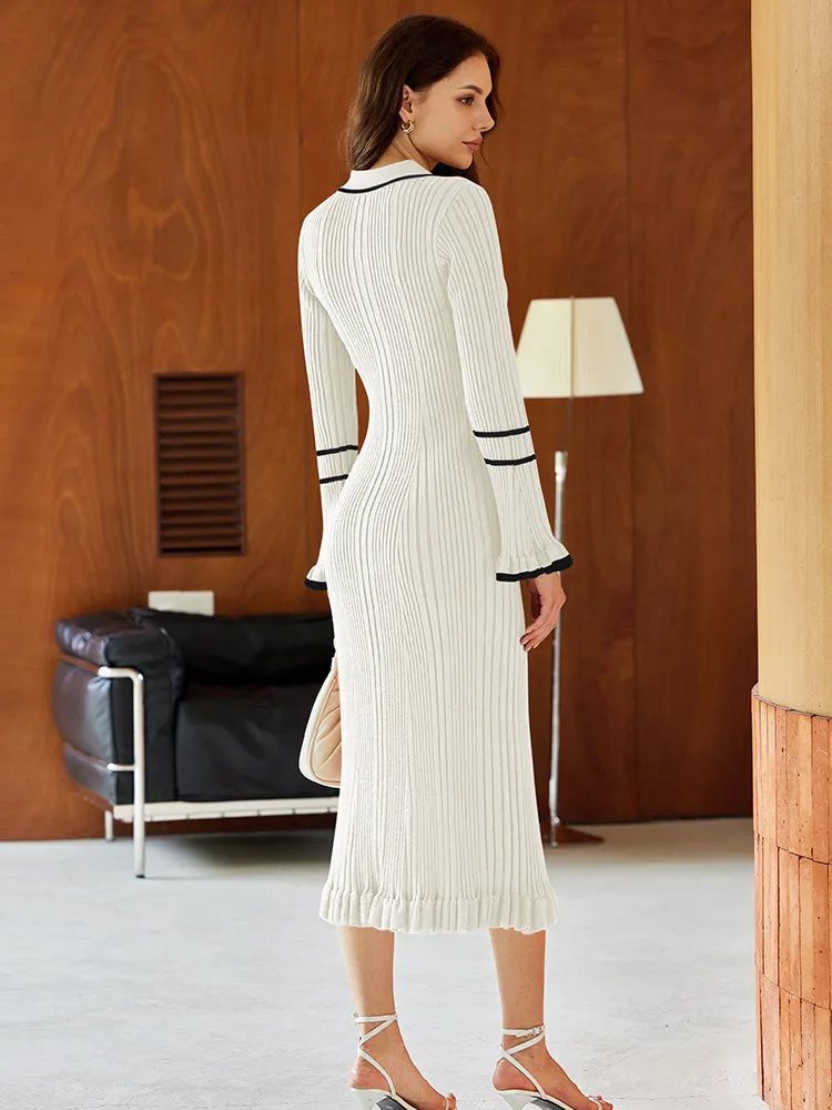 Women's Half Button Collar Sweater Dress Long Sleeve Ruffle Ribbed Knit Maxi Pencil Dress