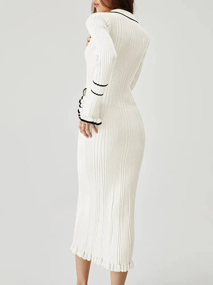 Women's Half Button Collar Sweater Dress Long Sleeve Ruffle Ribbed Knit Maxi Pencil Dress