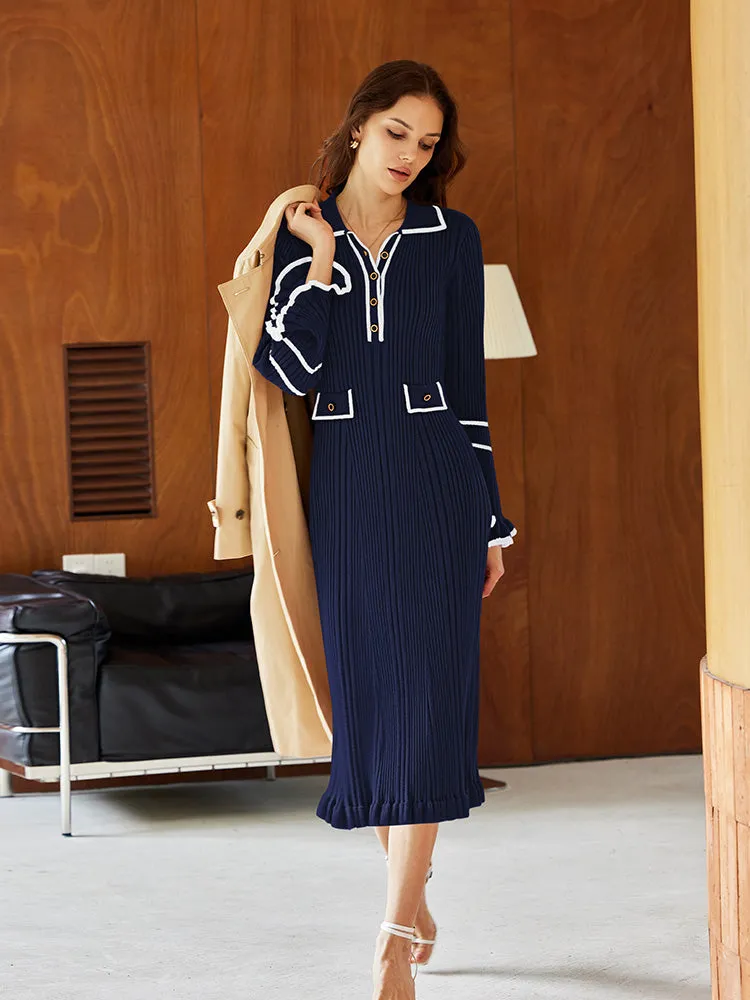 Women's Half Button Collar Sweater Dress Long Sleeve Ruffle Ribbed Knit Maxi Pencil Dress