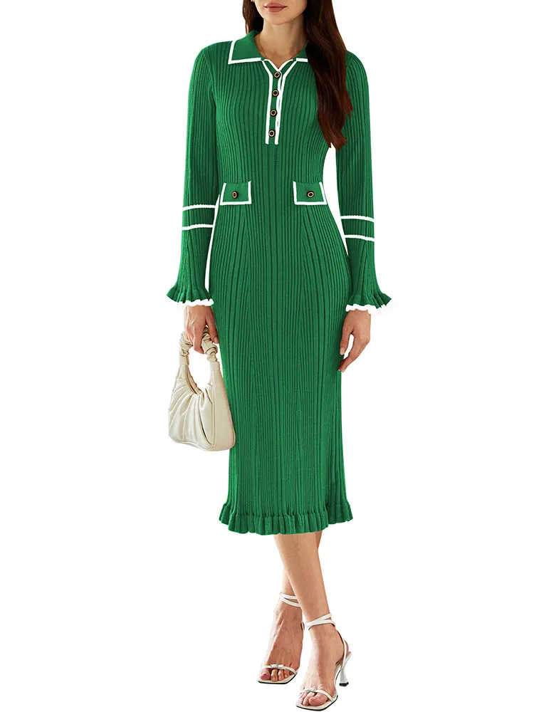 Women's Half Button Collar Sweater Dress Long Sleeve Ruffle Ribbed Knit Maxi Pencil Dress