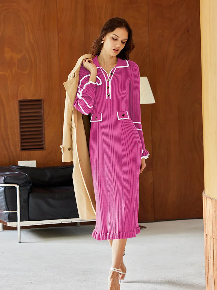 Women's Half Button Collar Sweater Dress Long Sleeve Ruffle Ribbed Knit Maxi Pencil Dress