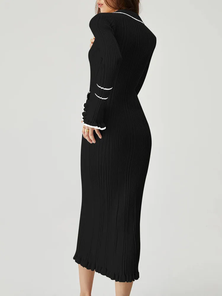 Women's Half Button Collar Sweater Dress Long Sleeve Ruffle Ribbed Knit Maxi Pencil Dress