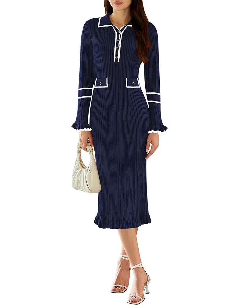 Women's Half Button Collar Sweater Dress Long Sleeve Ruffle Ribbed Knit Maxi Pencil Dress