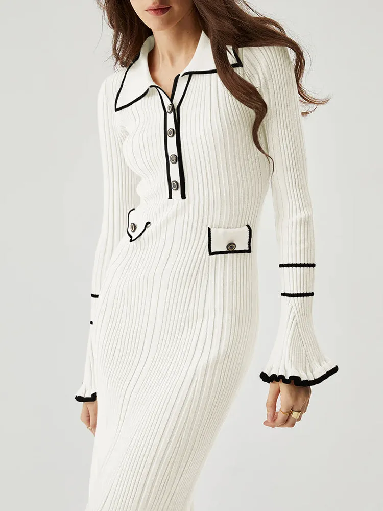 Women's Half Button Collar Sweater Dress Long Sleeve Ruffle Ribbed Knit Maxi Pencil Dress