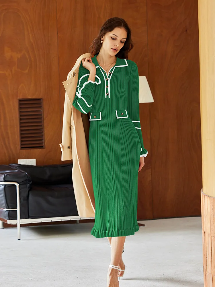 Women's Half Button Collar Sweater Dress Long Sleeve Ruffle Ribbed Knit Maxi Pencil Dress