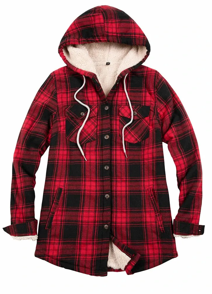 Women's Matching Family Sherpa Lined Red Flannel Jacket with Hood