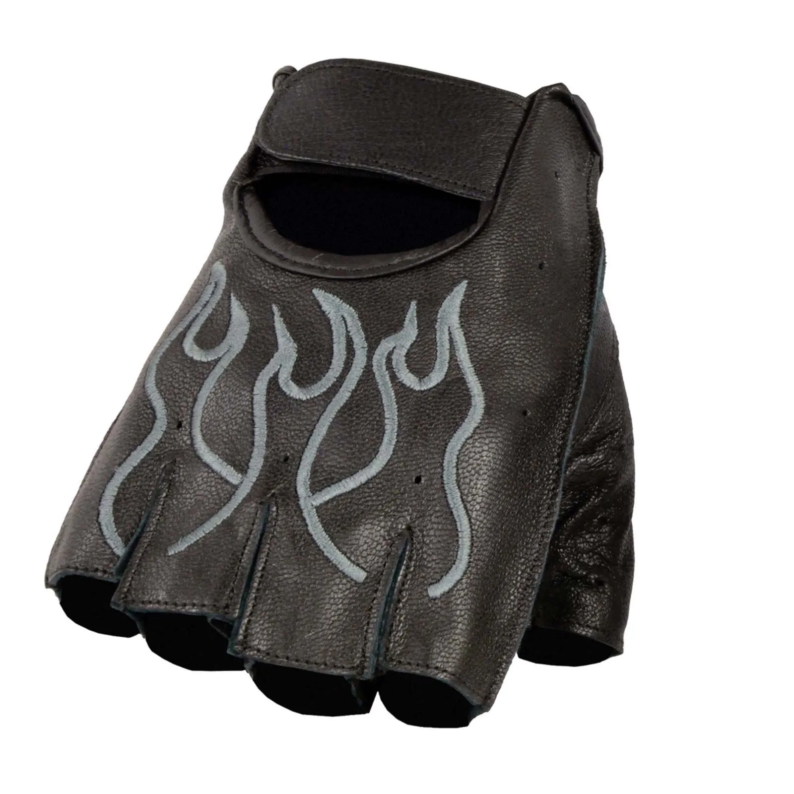 Xelement XG198 Men's Embroidered 'Flamed' Fingerless Black and Gray Motorcycle Leather Gloves