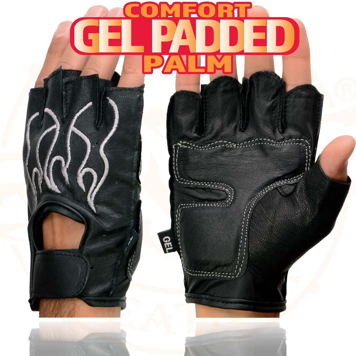 Xelement XG198 Men's Embroidered 'Flamed' Fingerless Black and Gray